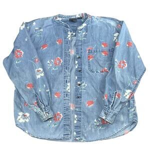 VTG 90s LizWear Liz Claiborne Top Medium Denim Chambray Floral Cottagecore